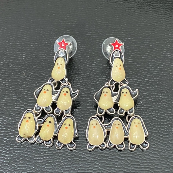 Enameled Christmas Tree Penguin Earrings - Picture 5 of 12